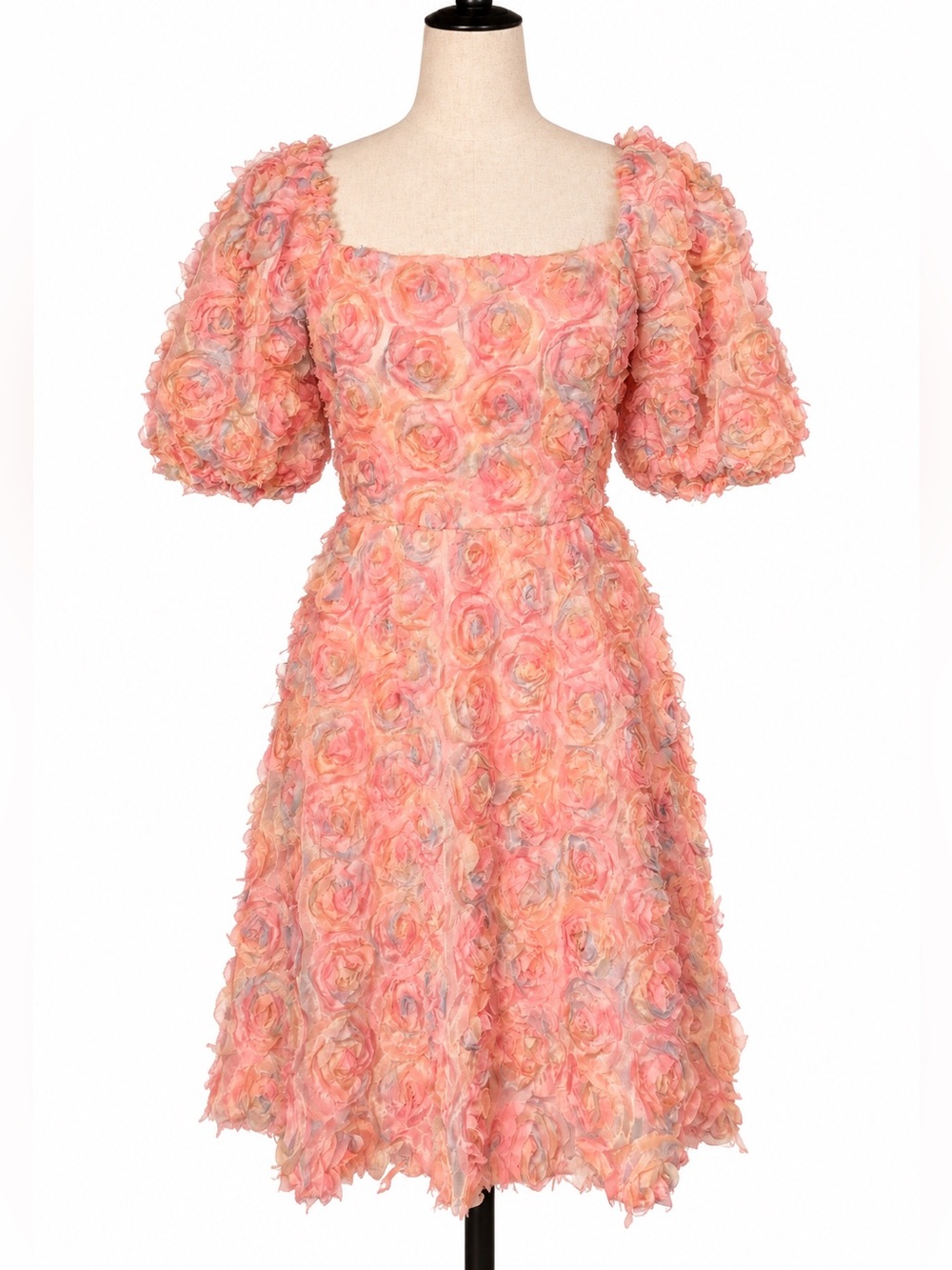 Flying Tomato puff sleeve, rosette texture tulle girly dress. Pink tea party. L